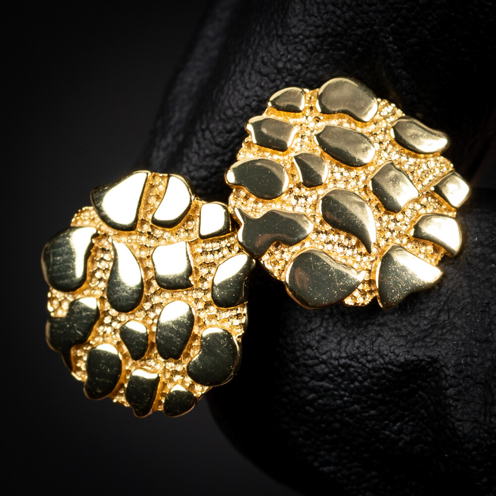 Big Men&#39;s Circle 14K Gold Plated 925 Round Large  Nugget Hip Hop Stud Earrings