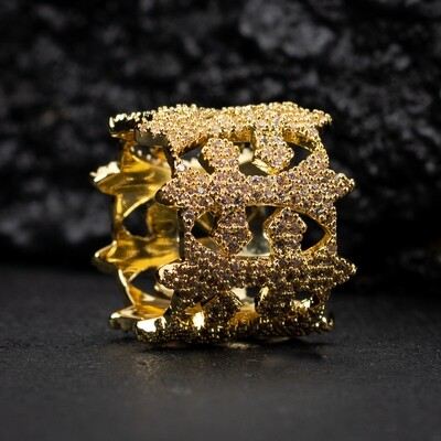 Men's Yellow Gold Plated Iced Cz Cross Pinky Statement Ring