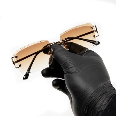 Men's Brown Tint Gold Frame Gem Cut Rimless Sunglasses