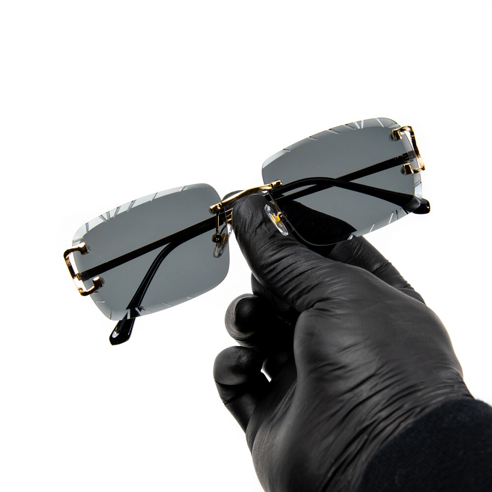 Men&#39;s Black Tint Gold Frame Hip Hop Gem Cut Rimless Sunglasses