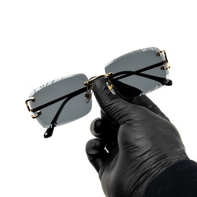 Men's Black Tint Gold Frame Hip Hop Gem Cut Rimless Sunglasses