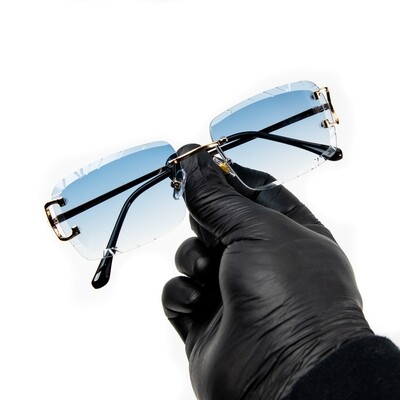 Men's Blue Tint Gold Frame Hip Hop Gem Cut Rimless Sunglasses