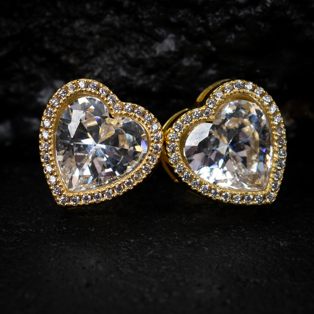 Women's Yellow Gold Plated 925 Sterling Silver Heart Cz Shaped Stud Screw Back Earrings