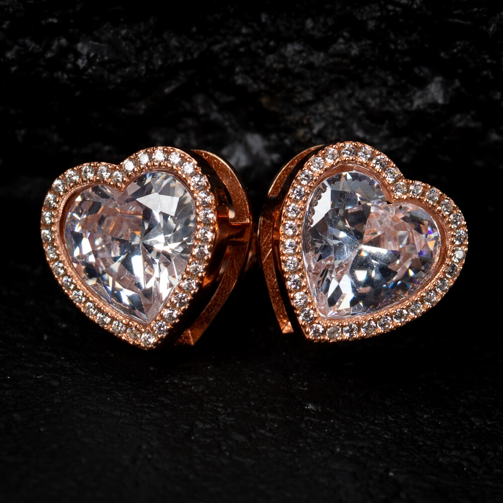Women&#39;s Rose Gold Plated 925 Sterling Silver Heart Cz Shaped Stud Screw Back Earrings