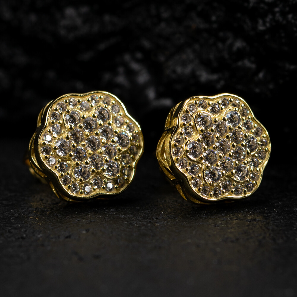 Yellow Gold 925 Sterling Silver Flower Cluster Stud Hip Hop Earrings