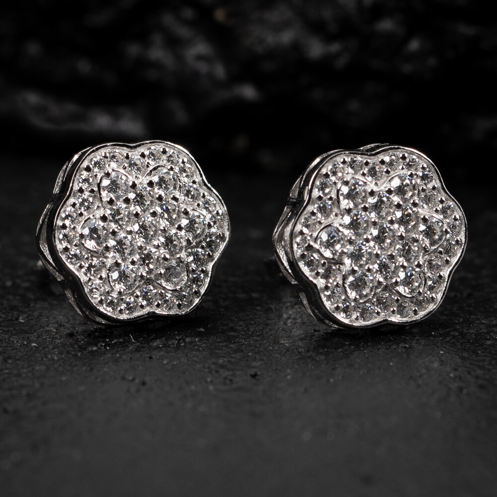 Men&#39;s 925 Sterling Silver Iced Flower Cluster Stud Earrings