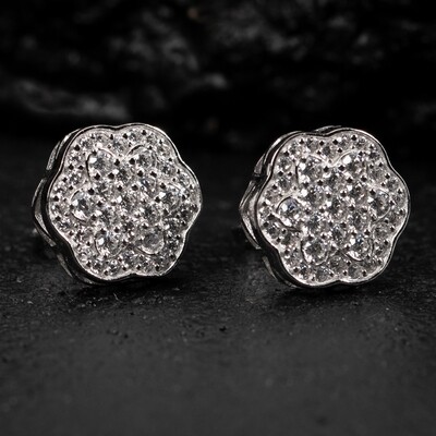 Men's 925 Sterling Silver Iced Flower Cluster Stud Earrings