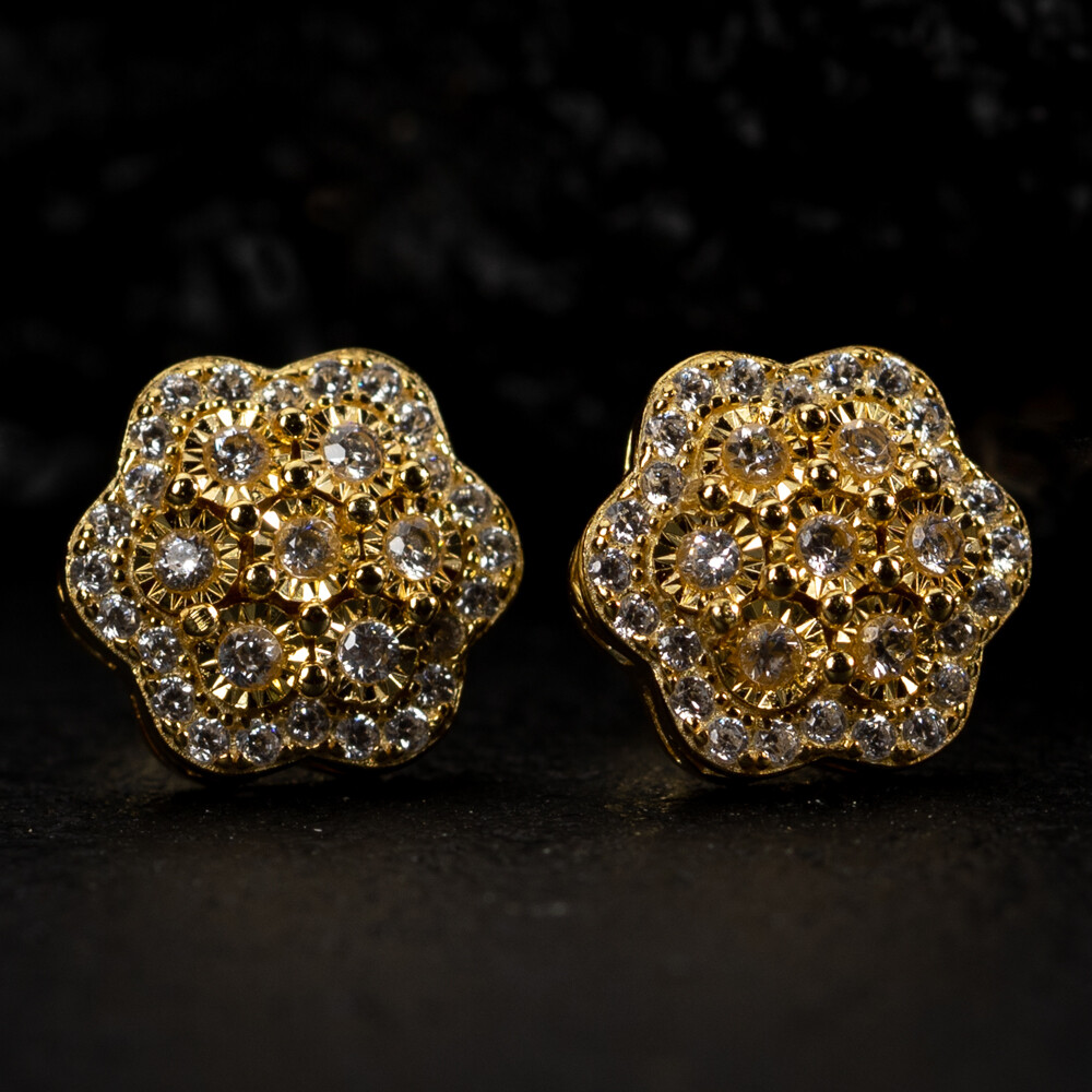 Large Yellow Gold 925 Sterling Silver Flower Cluster Stud Screw Back Earrings