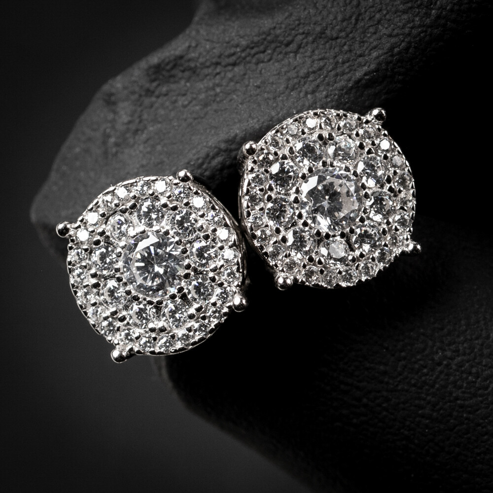 Large Round Iced Cz 925 Sterling Silver Round Hip Hop Cluster Stud Screw Back Circle Earrings