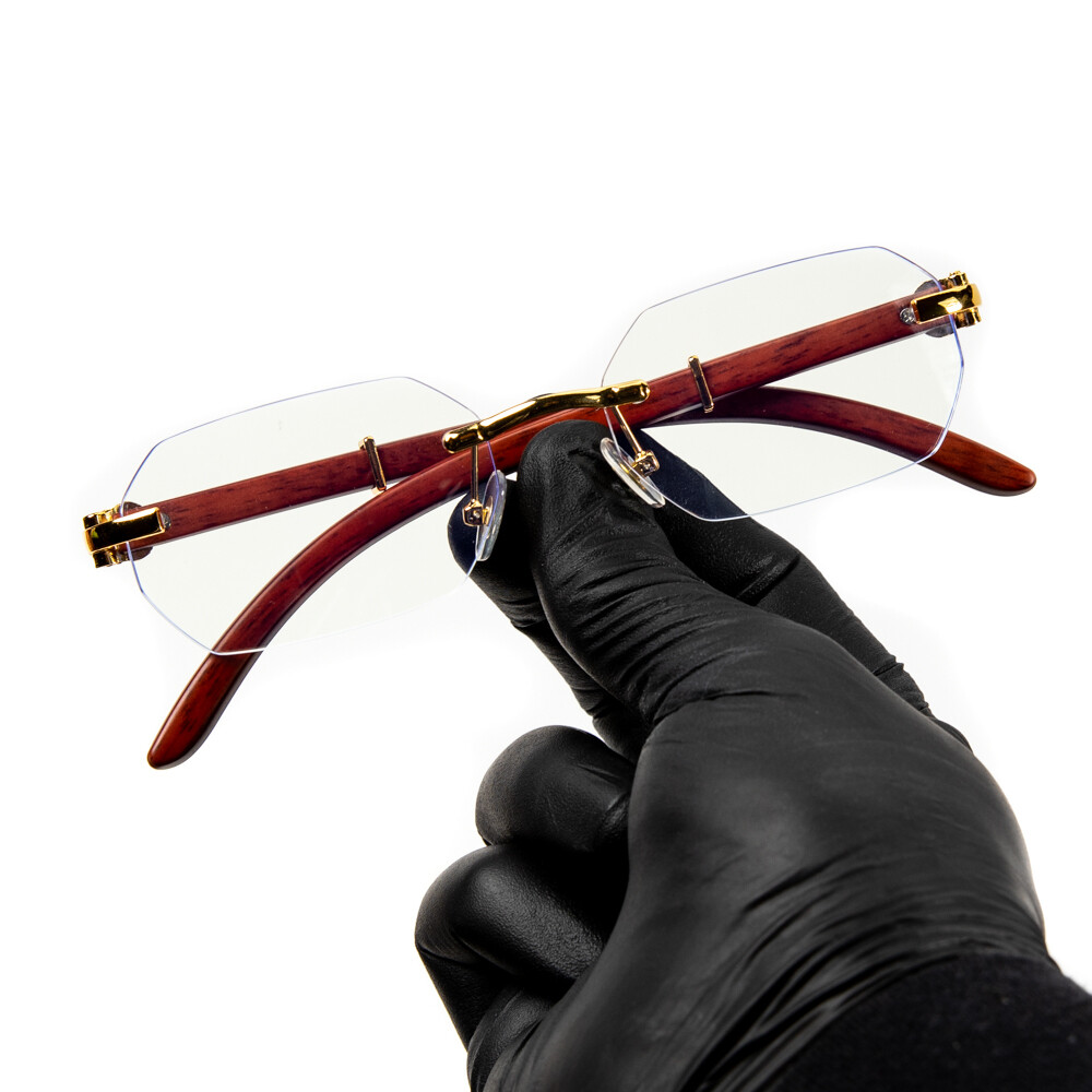 Men&#39;s Hip Hop Gold Frame Rimless Geometric Clear Lens Woodgrain Glasses