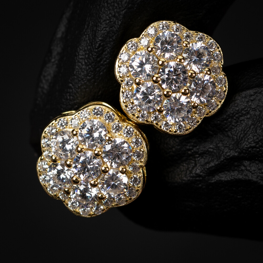 Men&#39;s Large Yellow Gold 925 Sterling Silver Flower Cluster Stud Earrings