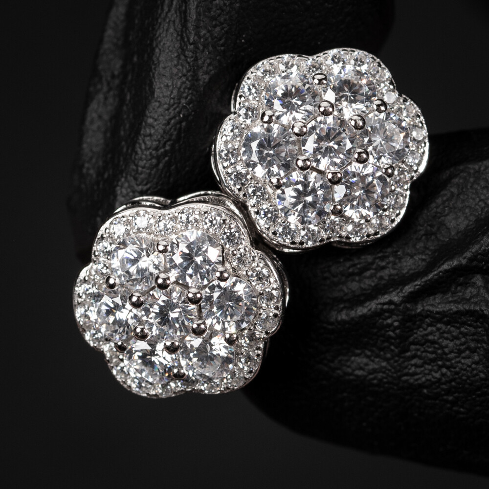 Men's Large White Gold 925 Sterling Silver Flower Cluster Stud Earrings Men's Large White Gold 925 Sterling Silver Flower Cluster Stud Earrings