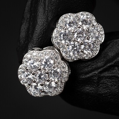 Men&#39;s Large White Gold 925 Sterling Silver Flower Cluster Stud Earrings