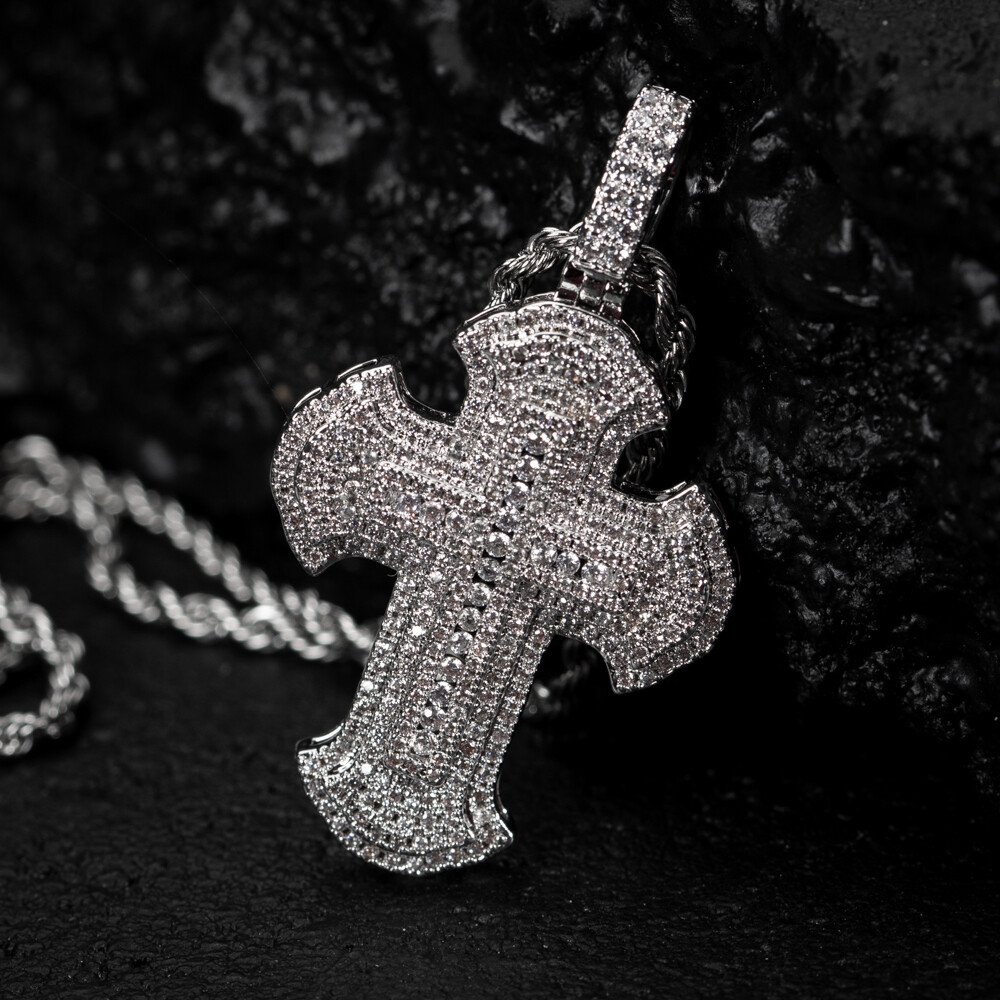 Men&#39;s Iced Cz White Gold Hip Hop Cross Pendant Chain Necklace
