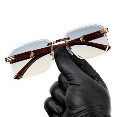 Men's Rimless Gold Frame Grey & Tan Gradient Tint Hip Hop Woodgrain Sunglasses