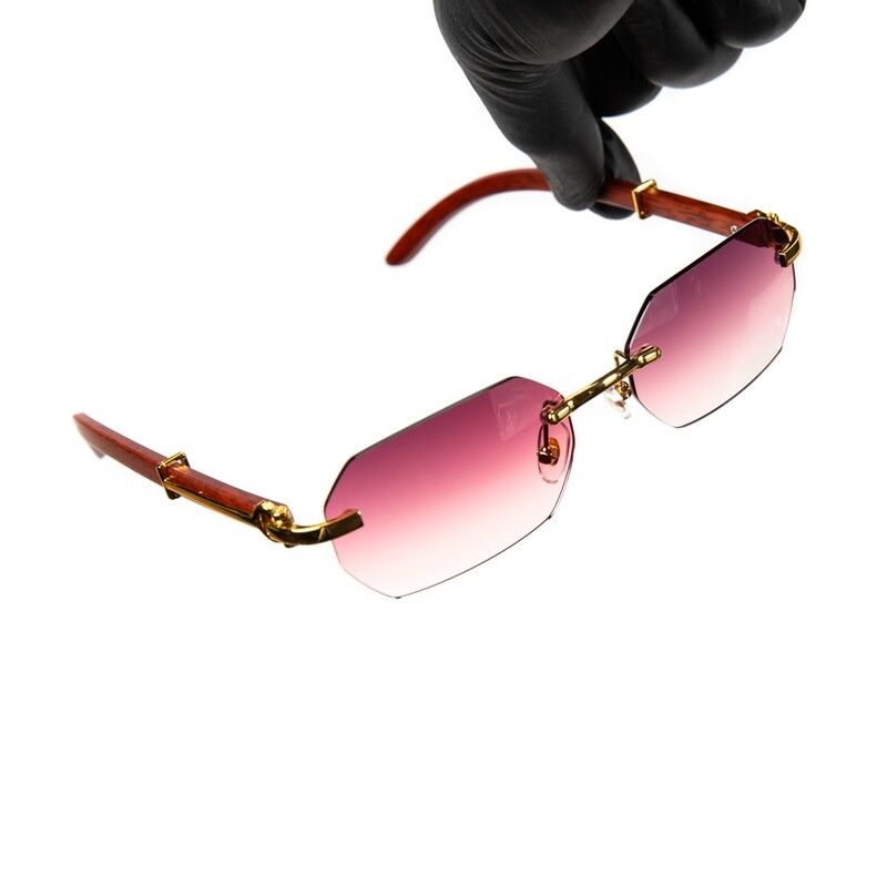 Men&#39;s Gold Frame Burgundy Tint Woodgrain Sunglasses