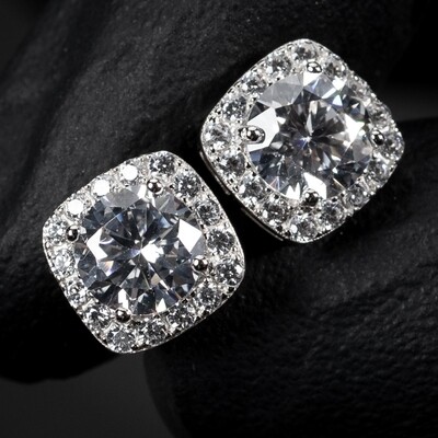 Mens Silver Elegant Halo Square Hip Hop Stud Earrings