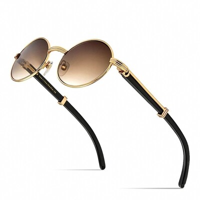 ​Men&#39;s Gold Round Brown Tint Wood SunGlasses