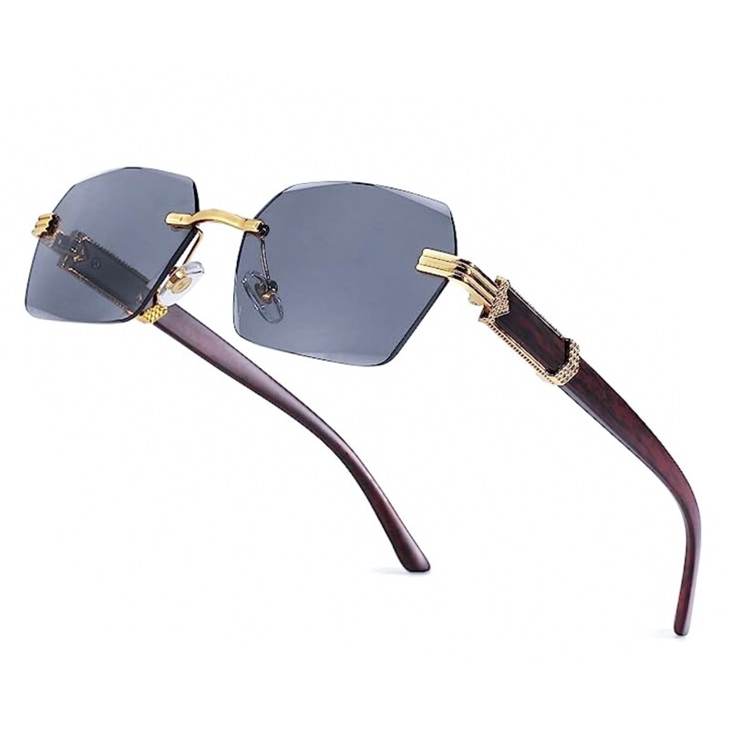 Rimless Gold Frame Gray Tint Woodgrain Men&#39;s Sunglasses