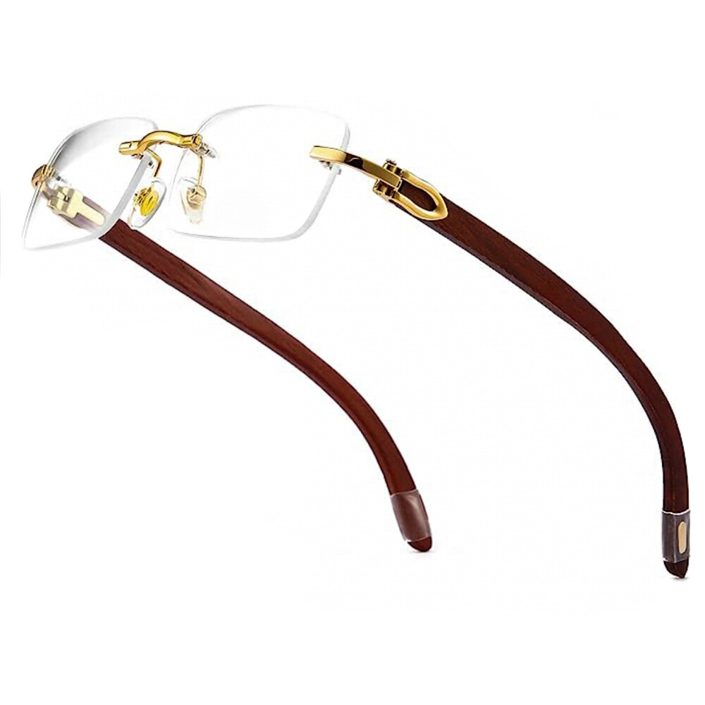 Mens Wood Gold Rimless Clear Tint Glasses