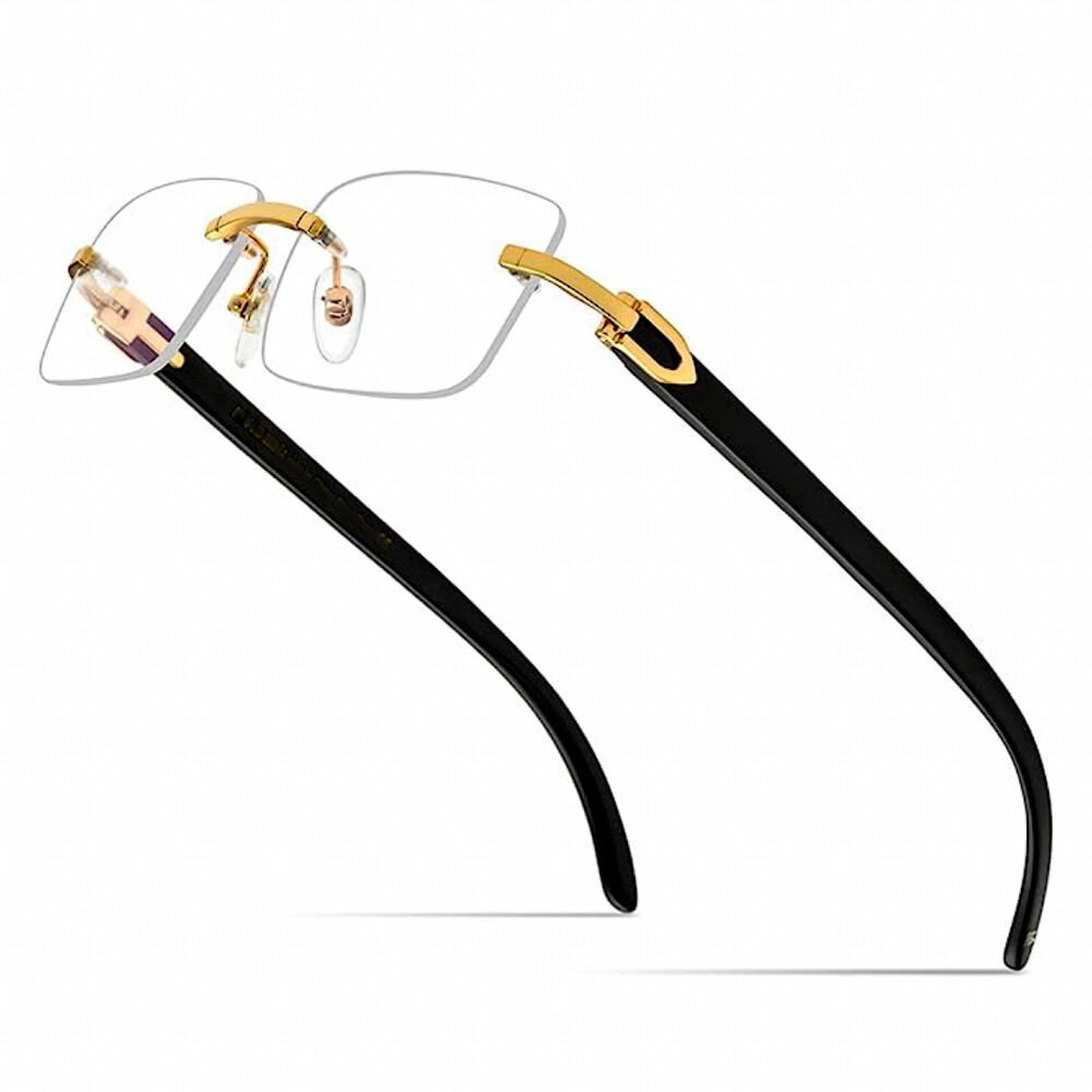 Mens Black Woodgrain Rimless Gold Frame Clear Lens Glasses Mens Black Woodgrain Rimless Gold Frame Clear Lens Glasses