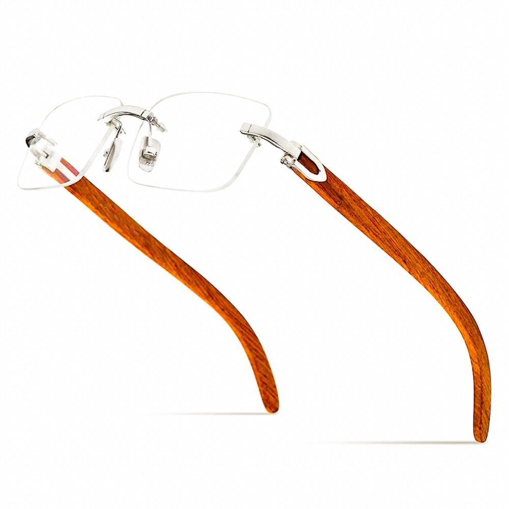 Mens Silver Frame Rimless Hip Hop Woodgrain Clear Lens Glasses