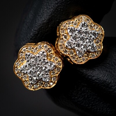 Men's Two Tone 14K Yellow Gold Flower Cluster 0.86 Ct Diamond Stud Earrings