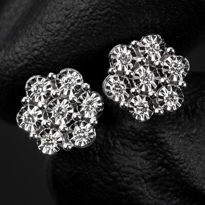 Miracle Set Flower Cluster 10K White Gold 0.14 Ct Natural Diamond Stud Earrings