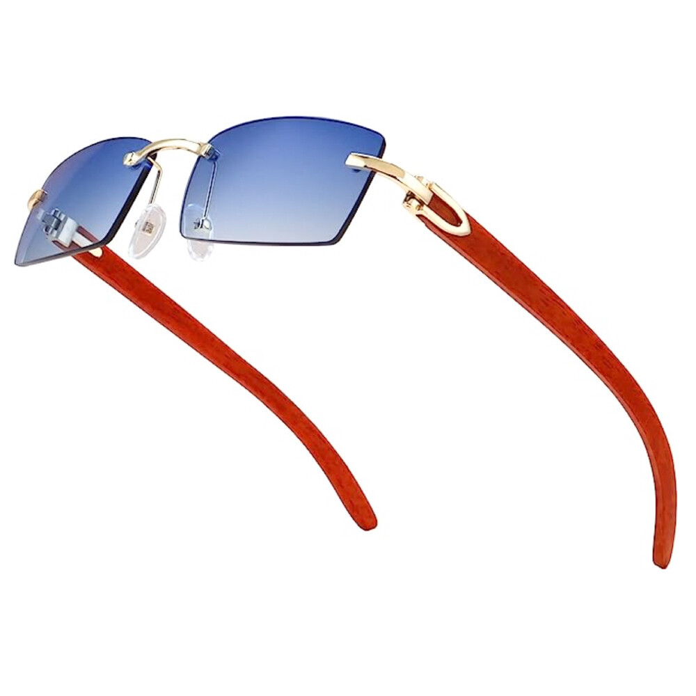Men&#39;s Women&#39;s Rimless Gold Frame Woodgrain Rectangle Blue Tinted Sunglasses