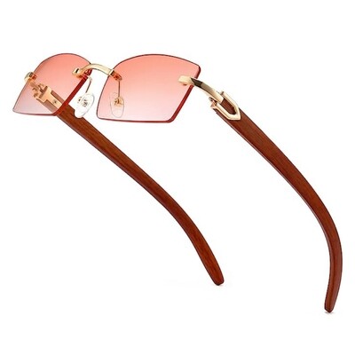 Men's Women's Rectangle Rimless Gold Frame Woodgrain Rectangle Pink Tint Sunglasses