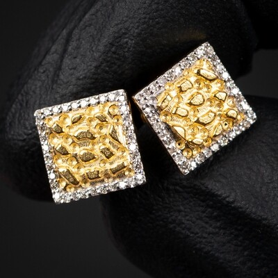 Square 10K Yellow Gold 0.20 Ct Natural Diamond Nugget Stud Screw Back Earrings