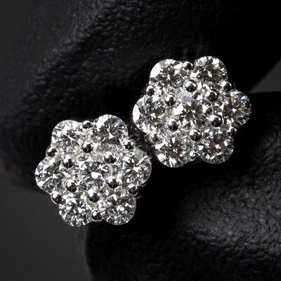 Iced Flower Cluster 14K White Gold 0.97Ct VVS Diamond Stud Earrings