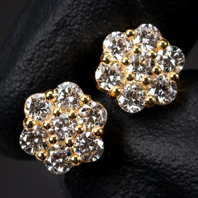 Flower Cluster 14K Yellow Gold 1.33 Ct Diamond Stud Screw Back Earrings