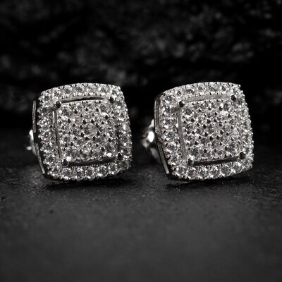 White Gold 925 Sterling Silver 3D Cube Square Cluster Screw Back Stud Earrings