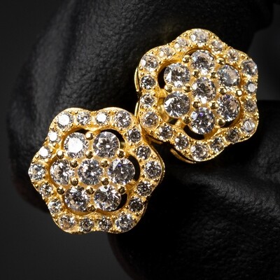 Yellow Gold 925 Sterling Silver 3D Flower Cluster Stud Screw Back Earrings