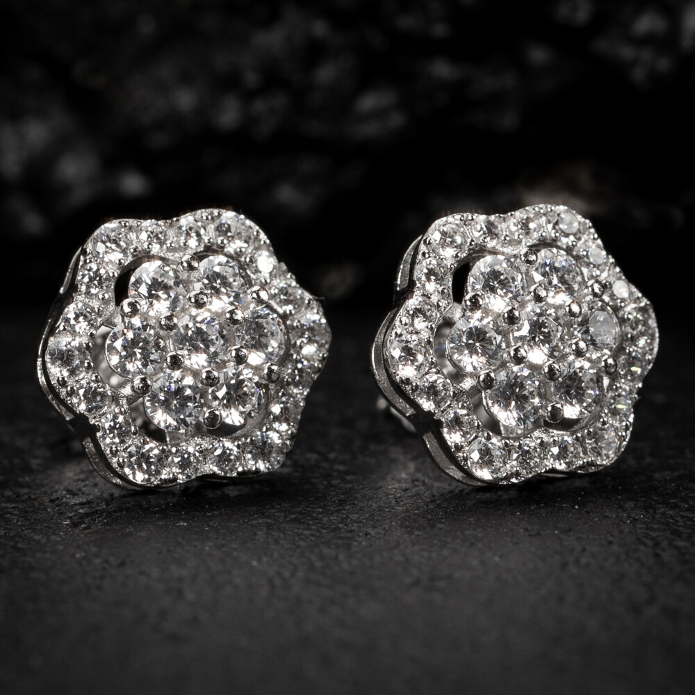 Mens Women&#39;s 925 Sterling Silver 3D Flower Cluster Stud Screw Back Earrings