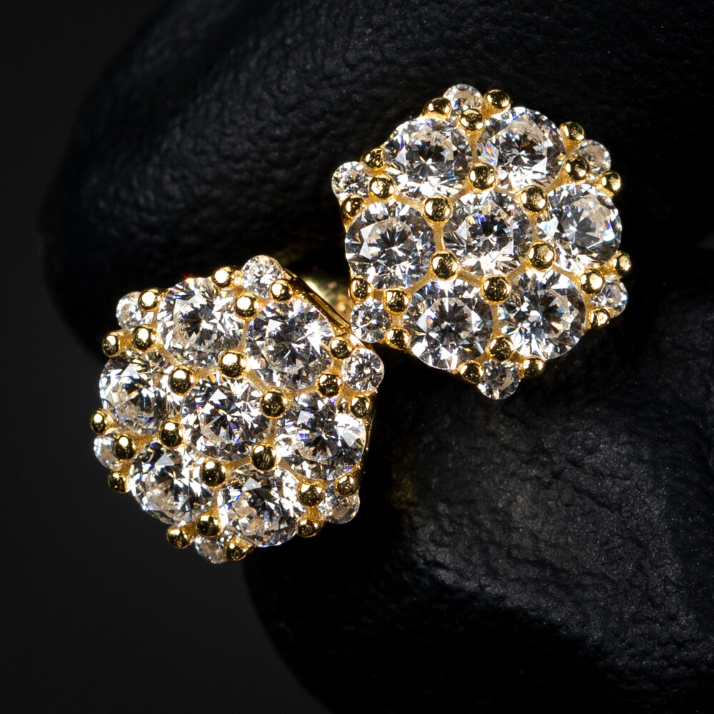 Yellow Gold 925 Sterling Silver Octagon Flower Cluster Stud Screw Back Earrings