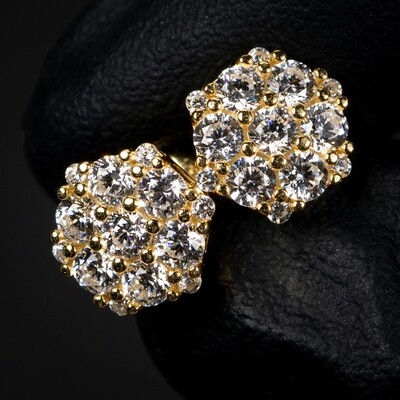 Yellow Gold 925 Sterling Silver Octagon Flower Cluster Stud Screw Back Earrings