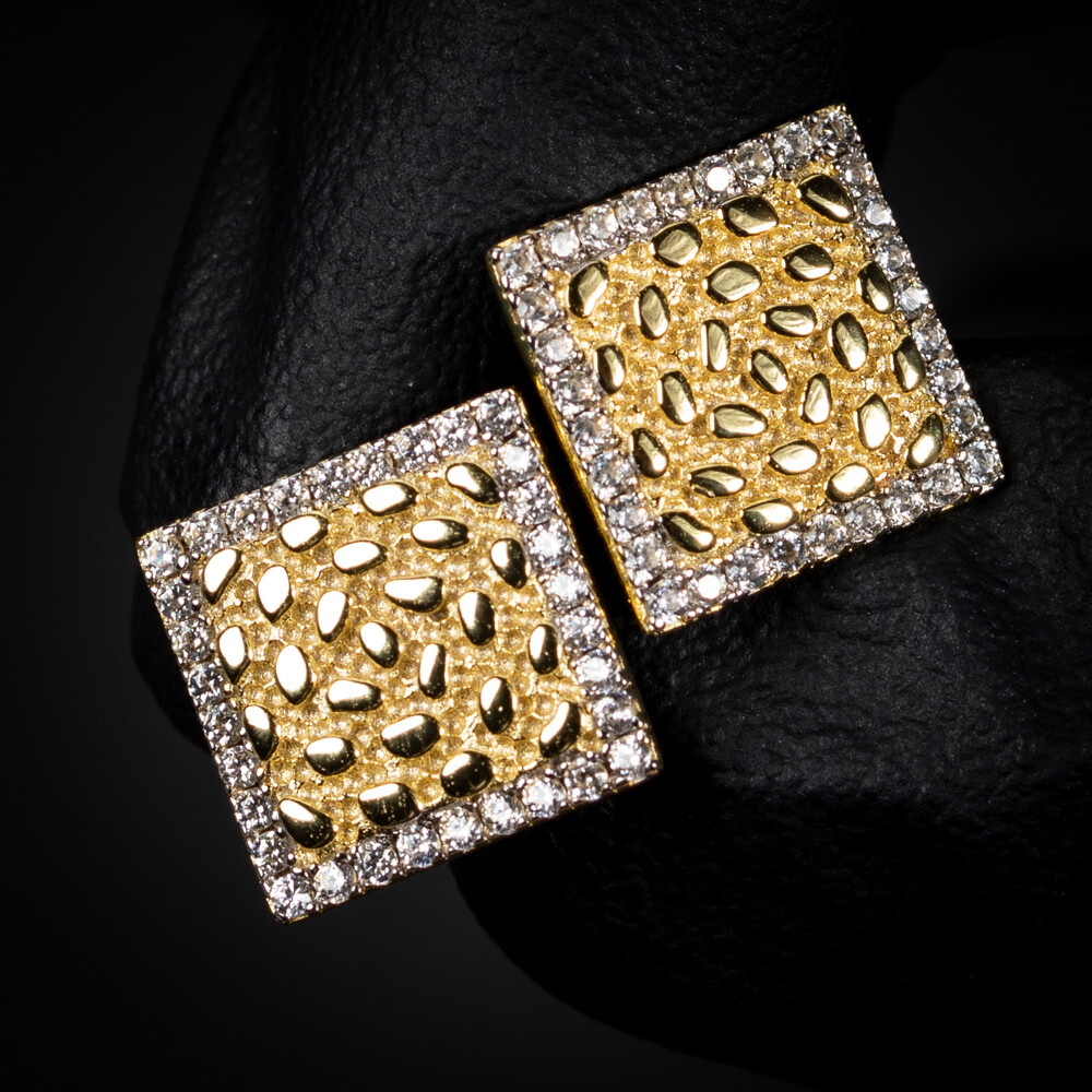Mens Large Iced Cz Yellow Gold Sterling Silver Square Nugget Hip Hop Earrings