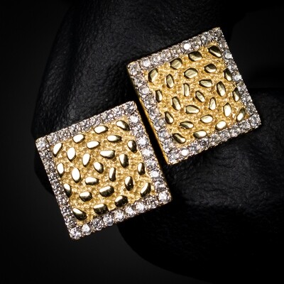 Mens Large Iced Cz Yellow Gold Sterling Silver Square Nugget Hip Hop Earrings