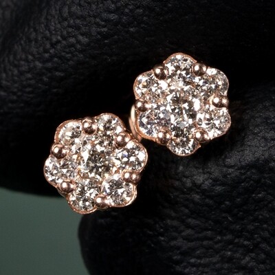 Solid 10k Rose Gold Unisex Round 0.38Ct Diamond Cluster Stud Earrings