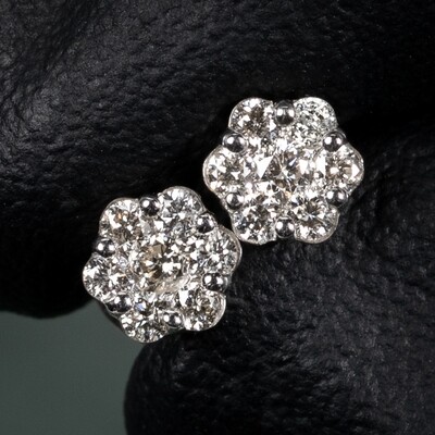 Solid 10k White Gold Unisex Round 0.38Ct Diamond Flower Cluster Earrings