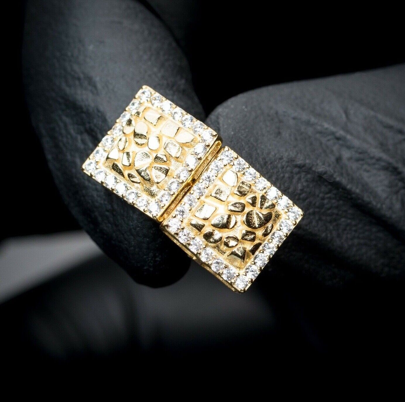 14K Gold Iced Nugget Hip Hop Stud Earrings For Men