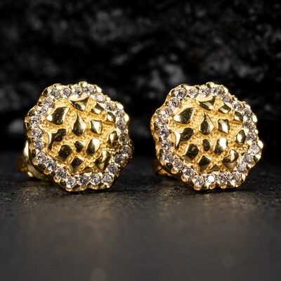 Iced Cz 14K Gold 925 Sterling Silver Nugget Stud Hip Hop Earrings