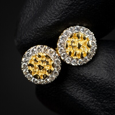 Small Round Iced 14K Gold 925 Sterling Silver Circle Nugget Stud Hip Hop Earrings