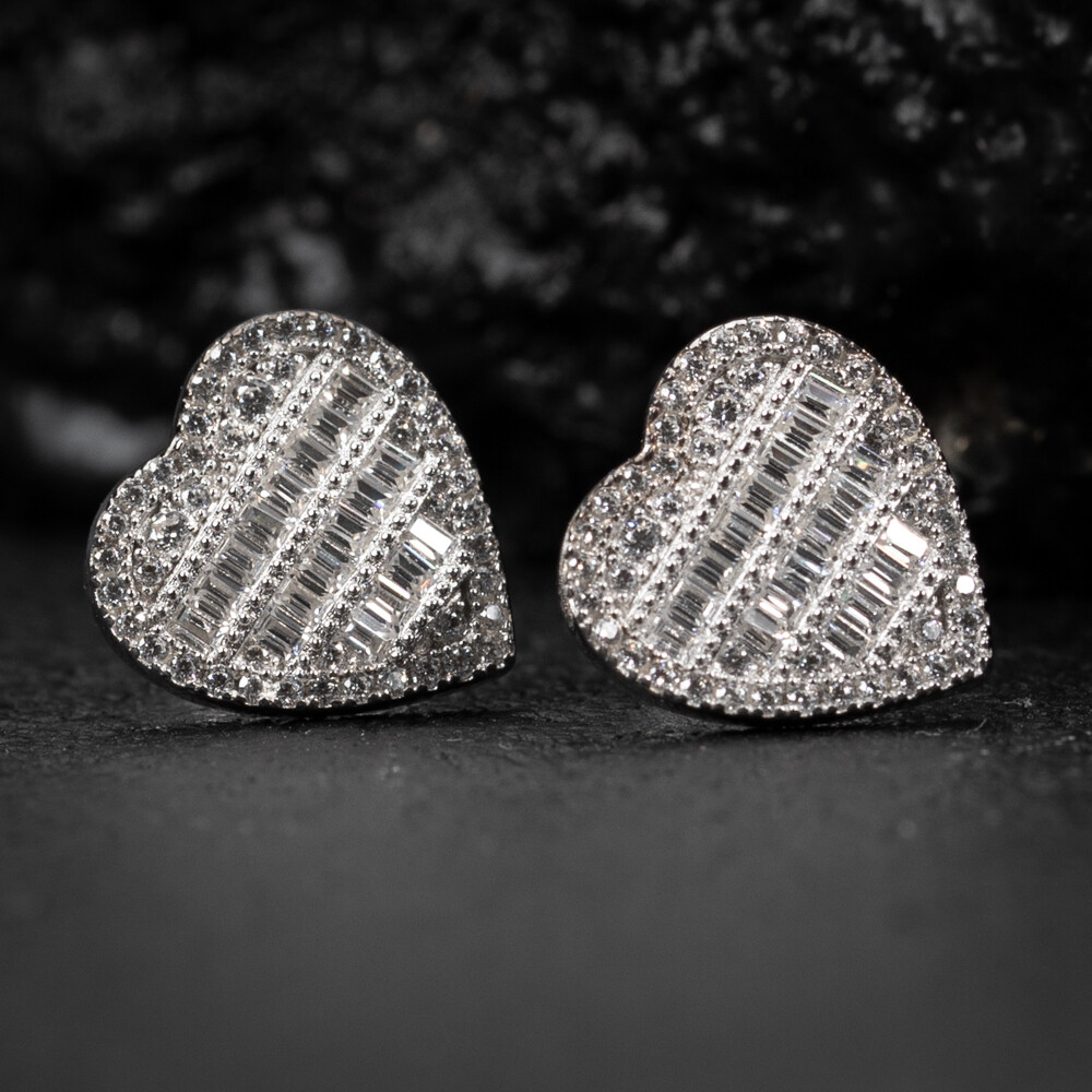 Women’s White Gold 925 Sterling Silver Baguette Heart Stud Earrings