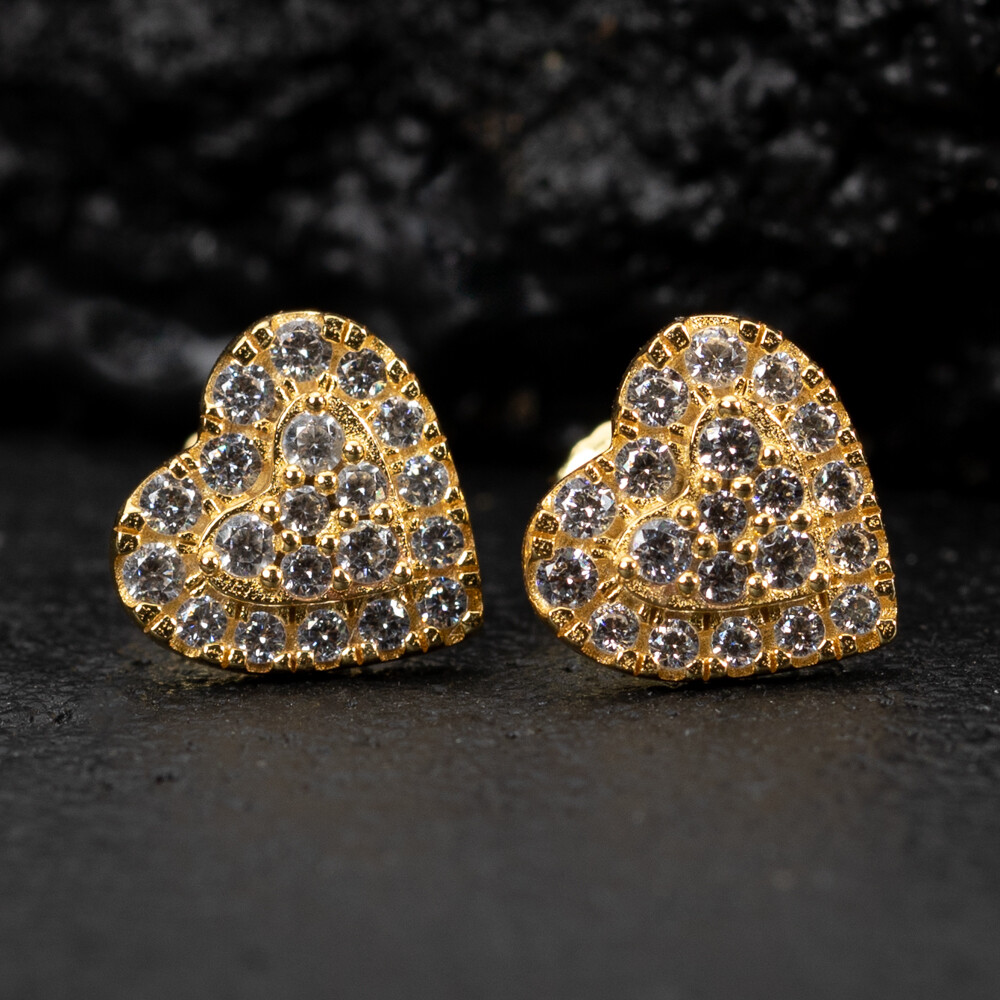 Women’s 14K Yellow Gold 925 Sterling Silver Honey Comb Set Heart Stud Earrings