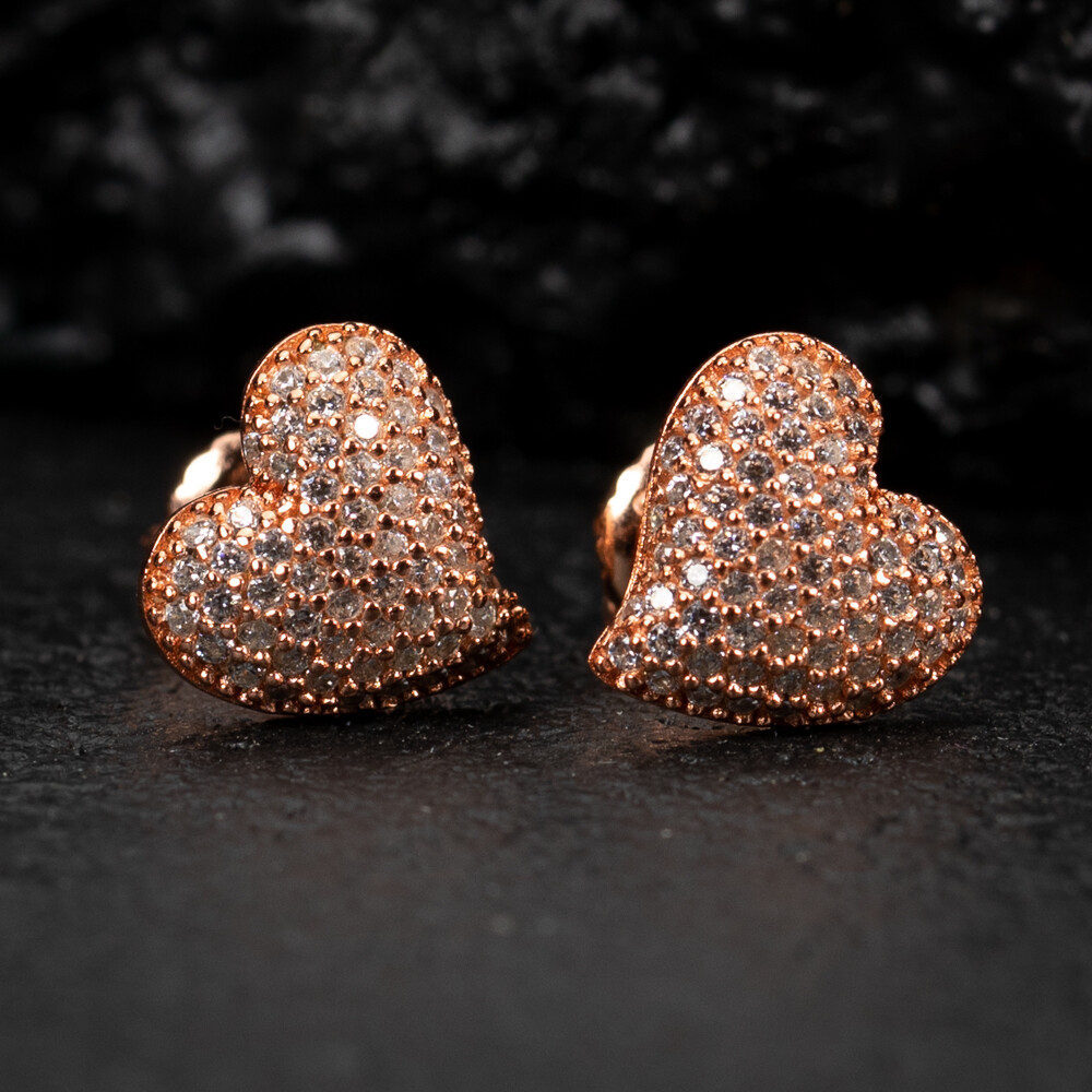 Women’s 14K Rose Gold 925 Sterling Silver 3D Honey Comb Set Heart Stud Earrings