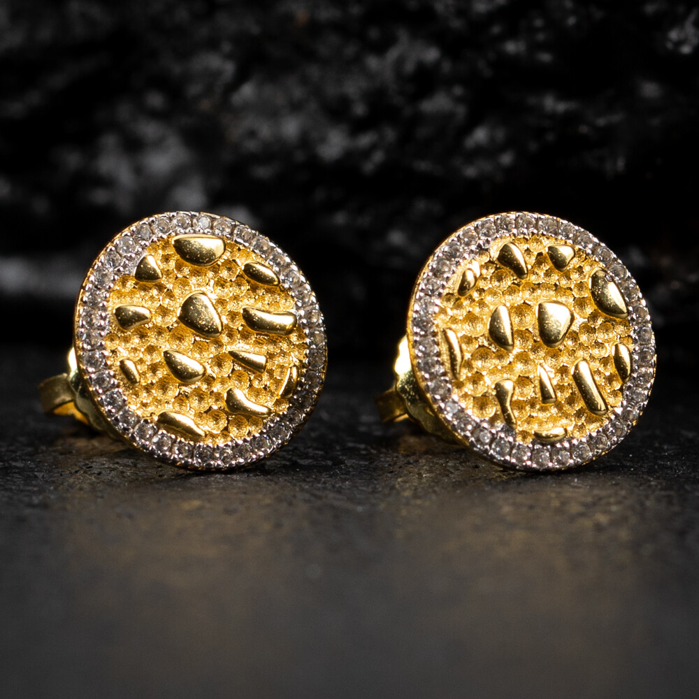 Mens Two Tone Yellow Gold Iced Cz  Round Nugget Stud Screw Back Earrings Mens Two Tone Yellow Gold Iced Cz  Round Nugget Stud Screw Back Earrings