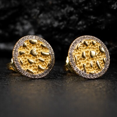 Mens Two Tone Yellow Gold Iced Cz  Round Nugget Stud Screw Back Earrings